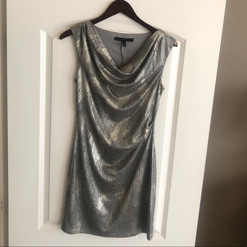 WHBM METALLIC DRAPED-NECK SHIFT DRESS